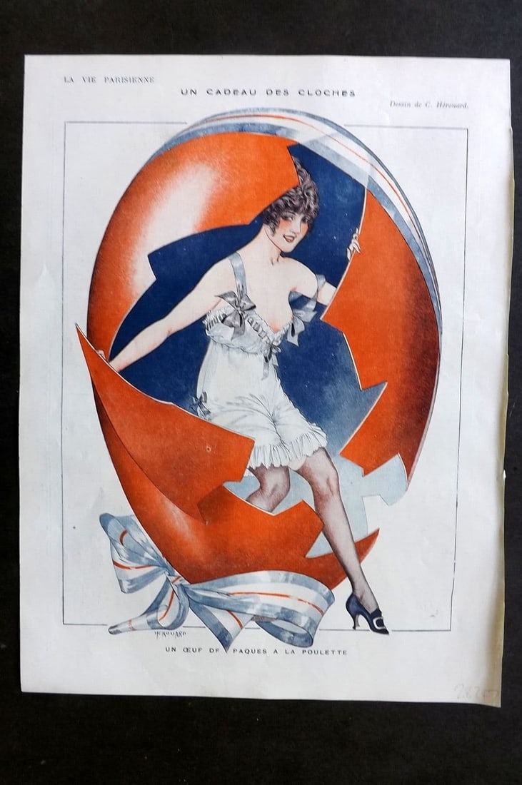 La Vie Parisienne 1917 Art Deco Print. Un Cadeau des Cloches by Herouard: Antique Lithograph Published 1917, Paris for "La Vie Parisienne" Illustrated by Lissac, Barbier, Vallet, Valee, Prejelan, Herouard, Fournier, Kuhn-Regnier, Georges L?onnec and others. Verso text, but 