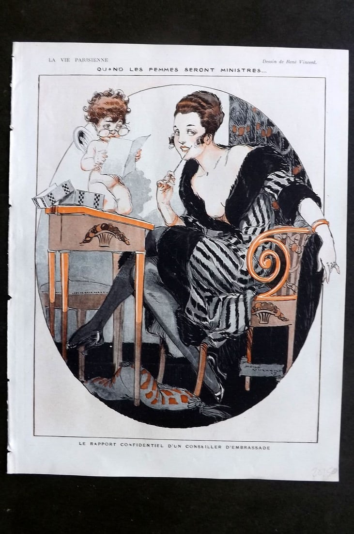 La Vie Parisienne 1917 Art Deco. Quand les Femmes Seront Ministres by Vincent: Antique Lithograph Published 1917, Paris for "La Vie Parisienne" Illustrated by Lissac, Barbier, Vallet, Valee, Prejelan, Herouard, Fournier, Kuhn-Regnier, Georges L?onnec and others. Verso text, but 