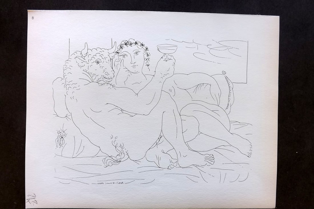 Picasso Vollard Suite 1956 Print. Drinking Minotaur and Reclining Woman 83: Vintage Photogravure Published 1956, London for "Picasso's Vollard Suite" First English Edition of 100 Etchings created by Picasso between 1930-37. Printed on Good Quality Paper in Germany. Paper Size