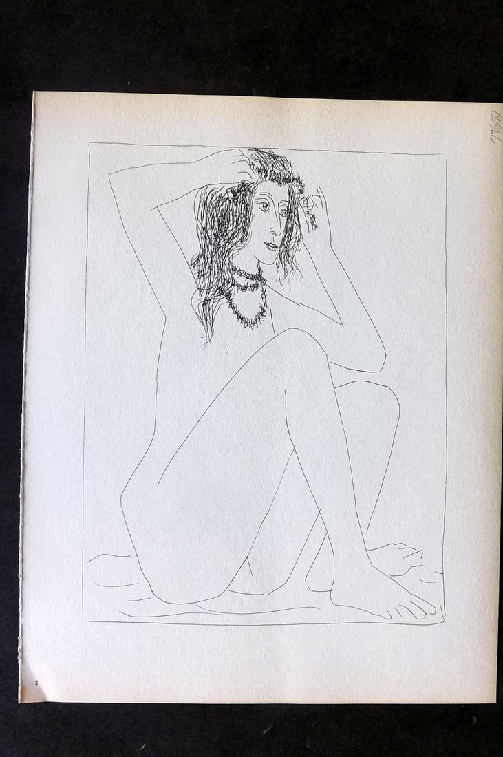 Picasso Vollard 1956 Print. Seated Nude Crowning herself with Flowers 02: Vintage Photogravure Published 1956, London for "Picasso's Vollard Suite" First English Edition of 100 Etchings created by Picasso between 1930-37. Printed on Good Quality Paper in Germany. Paper Size