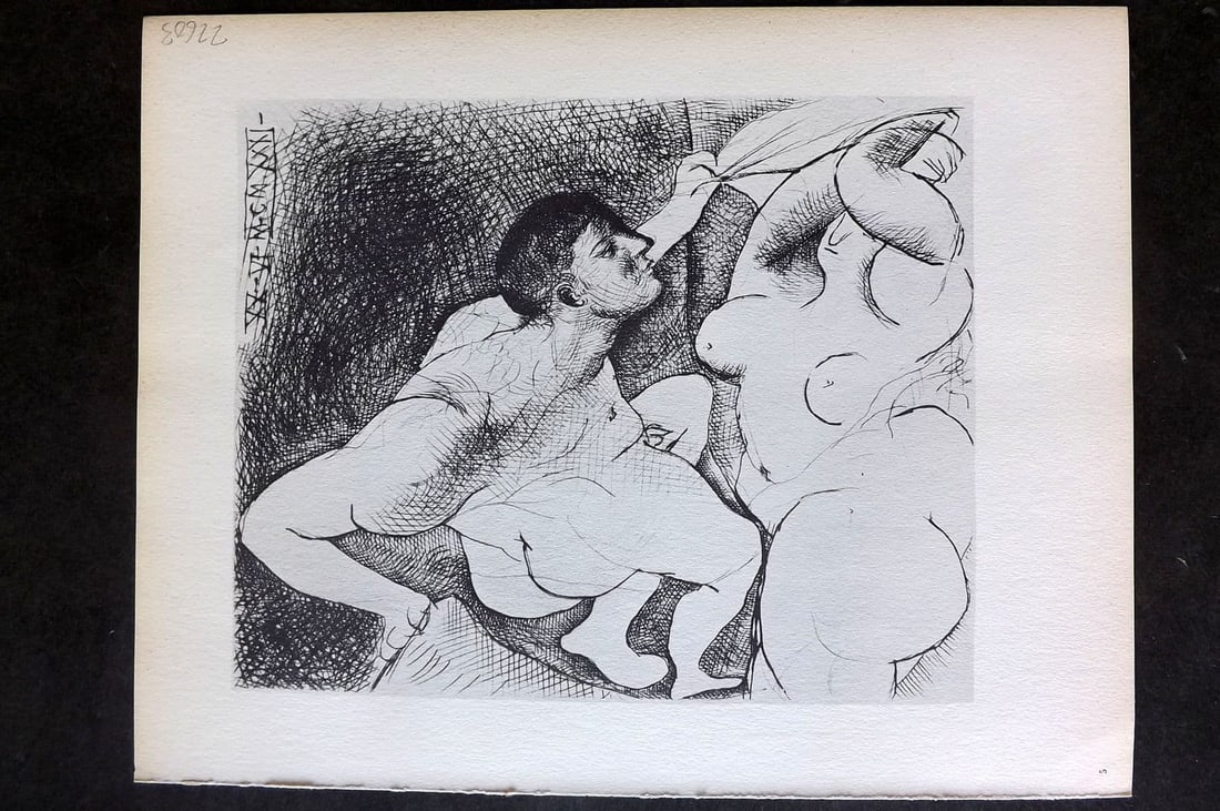 Picasso Vollard Suite 1956 Print. Man Unveiling a Woman 05: Vintage Photogravure Published 1956, London for "Picasso's Vollard Suite" First English Edition of 100 Etchings created by Picasso between 1930-37. Printed on Good Quality Paper in Germany. Paper Size