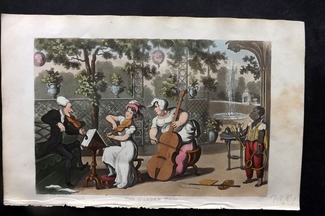 Rowlandson Doctor Syntax 1855 HCol Print. Garden Trio. Music Cello: Aquatint Published 1855, London for "The Three Tours of Doctor Syntax" by William Combe. Illustrated by Thomas Rowlandson. Fine hand colour as issued. Paper Size: 10 x 6 inch (25 x 16cm) Very minor ma
