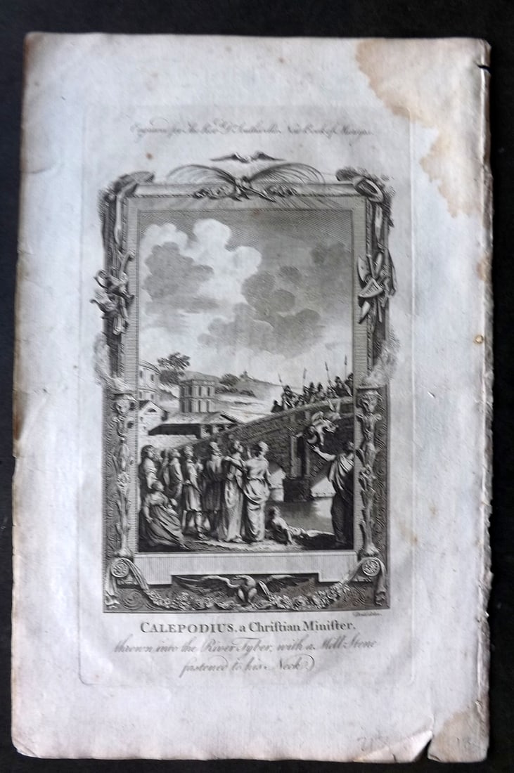 Southwell, Henry 1785 Folio Martyrs Print. Calepodius a Christian Minister: Folio Copper Plate Published 1785, London for "The New Book of Martyrs" by Henry Southwell. Paper Size: 14.5 x 9 inch (37 x 23cm) Some margin toning and margin water staining. Small bottom margin tear