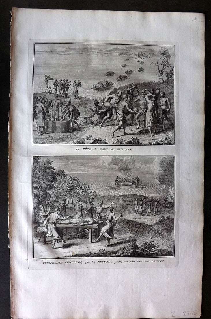 Picart, Bernard 1728 Folio Antique Print. Funeral Ceremonies, Pegu, Burma Myanmar: Antique Folio Copper Plate Published 1723-43 [1728] Amsterdam for "Ceremonies et coutumes religieuses de peuples idolatres" by Bernard Picart. Paper Size: 18 x 11 inch (46 x 28cm). Good Condition.