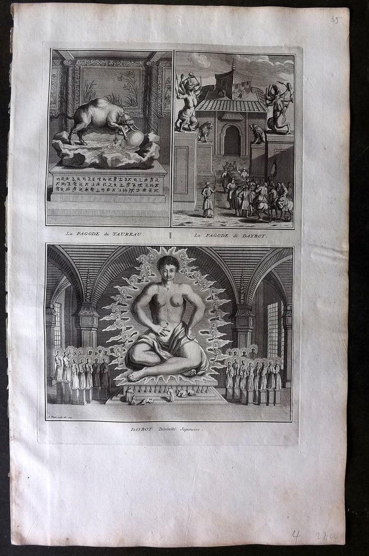 Picart, Bernard 1728 Folio Antique Print. Pagoda Taureau, Dayrot, Daybot Idol. Japan: Antique Folio Copper Plate Published 1723-43 [1728] Amsterdam for "Ceremonies et coutumes religieuses de peuples idolatres" by Bernard Picart. Paper Size: 18 x 11 inch (46 x 28cm). Good Condition.
