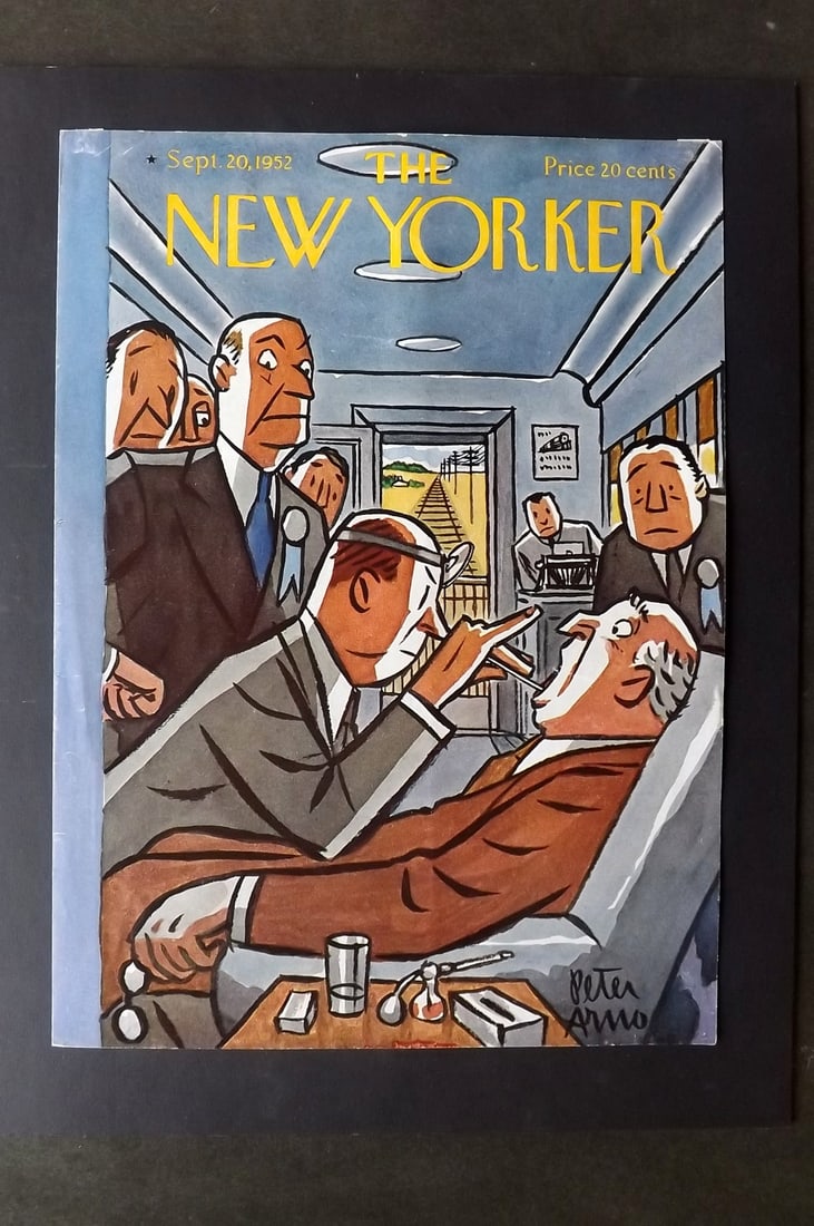Arno, Peter 1952 Front Cover to The New Yorker: Offset Lithograph Published 1952, New York for "The New Yorker" Illustrated by Peter Arno. Mounted to card. Paper Size: 11.5 x 8.5 inch (29 x 19cm) Good Condition