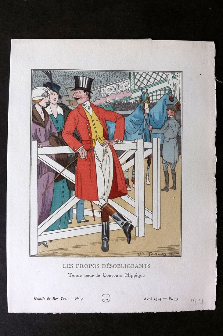 Gazette du Bon Ton by Taquoy 1914 Art Deco Pochoir. Les Propos Desobligeants: Pochoir Published 1912-25, Paris for "La Gazette du Bon Ton..." Edited by Lucien Vogel. Illustrated by Georges Barbier, Pierre Brissaud, Andre Marty, Georges Lepape, Francisco Javier Gose and others. 