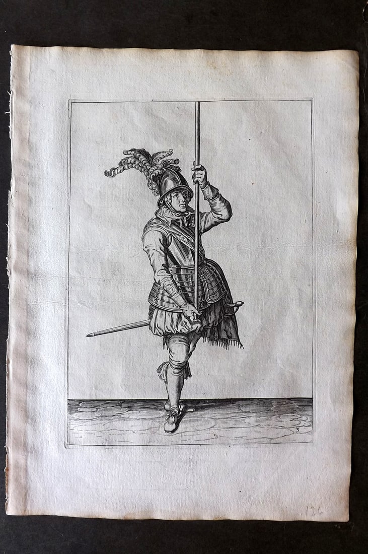 Gheyn, Jacob de 1608 Folio Military Print. Pikeman 03: Folio Copper Plate Published 1608, The Hague for "The Exercise of Arms, for Calivres, Muskettes and Pikes" by Jacob de Gheyn. Paper Size: 14 x 10 inch (36 x 25cm) Good Condition