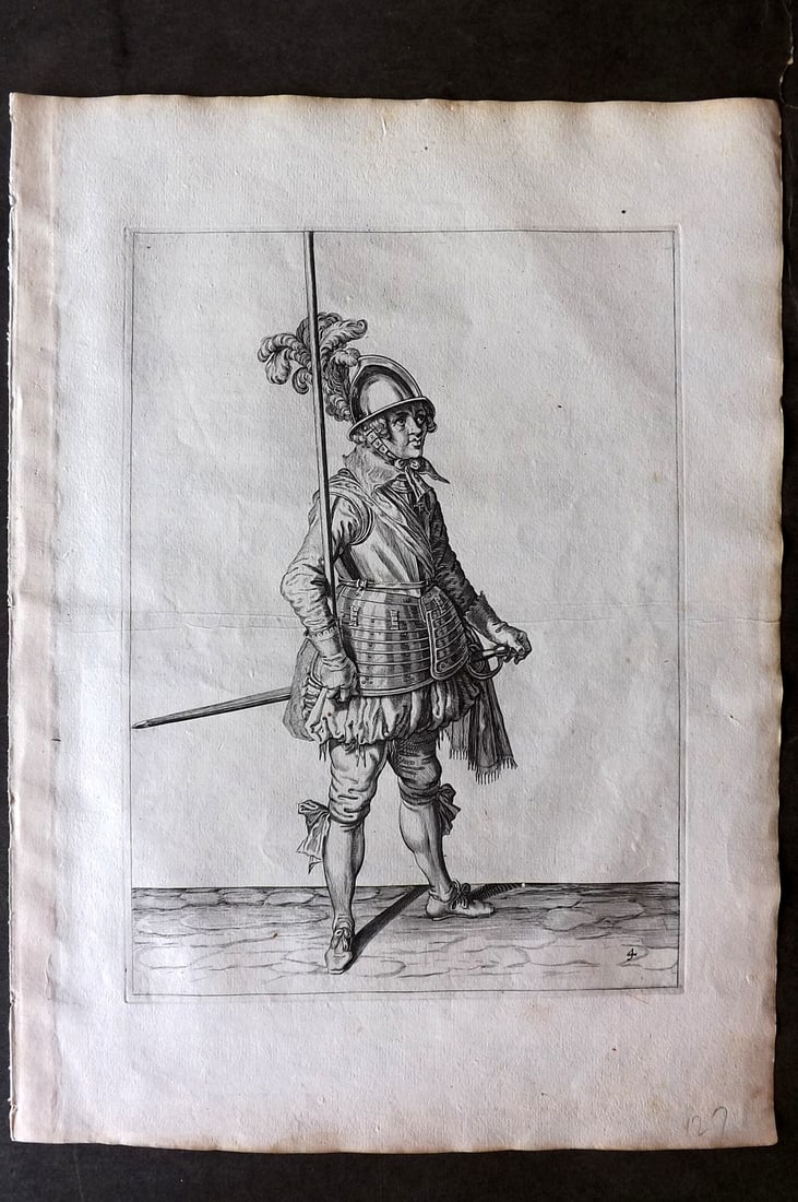 Gheyn, Jacob de 1608 Folio Military Print. Pikeman 04: Folio Copper Plate Published 1608, The Hague for "The Exercise of Arms, for Calivres, Muskettes and Pikes" by Jacob de Gheyn. Paper Size: 14 x 10 inch (36 x 25cm) Good Condition