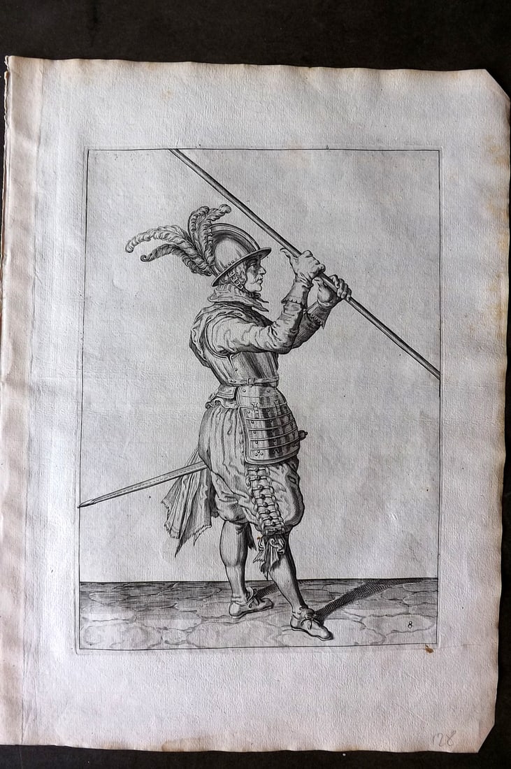 Gheyn, Jacob de 1608 Folio Military Print. Pikeman 08: Folio Copper Plate Published 1608, The Hague for "The Exercise of Arms, for Calivres, Muskettes and Pikes" by Jacob de Gheyn. Paper Size: 14 x 10 inch (36 x 25cm) Good Condition
