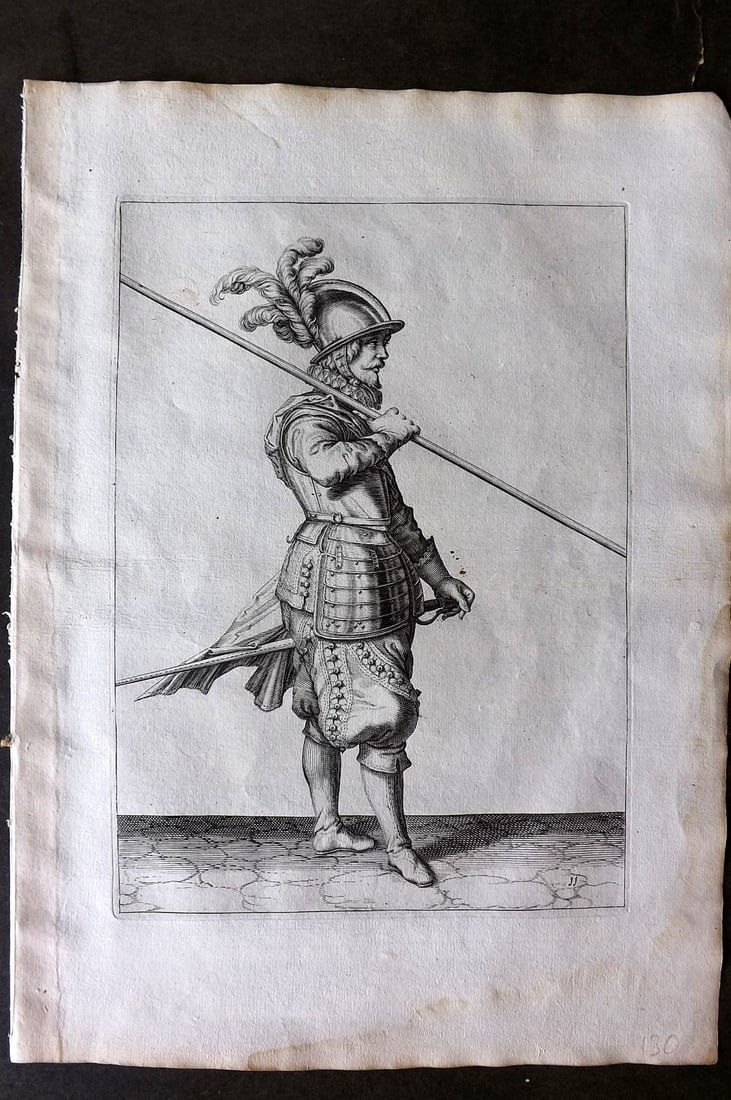 Gheyn, Jacob de 1608 Folio Military Print. Pikeman 11: Folio Copper Plate Published 1608, The Hague for "The Exercise of Arms, for Calivres, Muskettes and Pikes" by Jacob de Gheyn. Paper Size: 14 x 10 inch (36 x 25cm) Very minor margin water staining. Goo