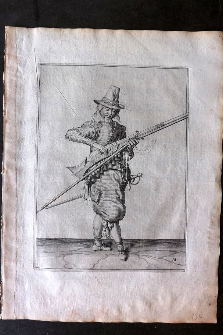 Gheyn, Jacob de 1608 Folio Military Print. Musketeer 18: Folio Copper Plate Published 1608, The Hague for "The Exercise of Arms, for Calivres, Muskettes and Pikes" by Jacob de Gheyn. Paper Size: 14 x 10 inch (36 x 25cm) Good Condition