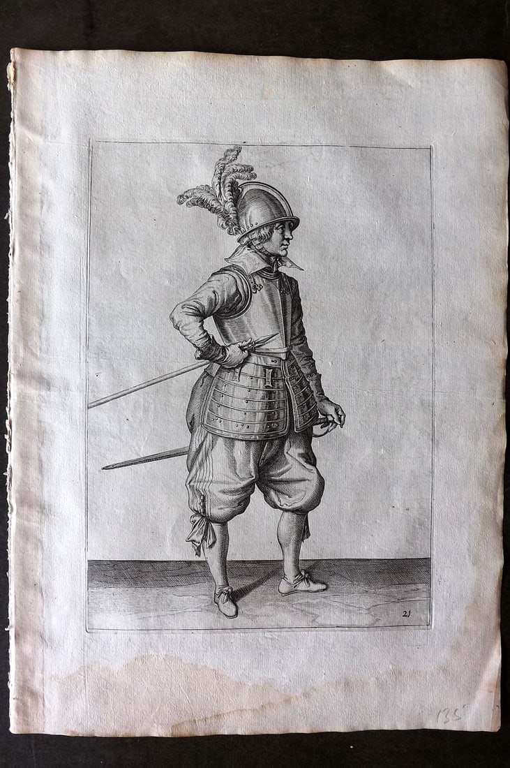 Gheyn, Jacob de 1608 Folio Military Print. Pikeman 21: Folio Copper Plate Published 1608, The Hague for "The Exercise of Arms, for Calivres, Muskettes and Pikes" by Jacob de Gheyn. Paper Size: 14 x 10 inch (36 x 25cm) Good Condition