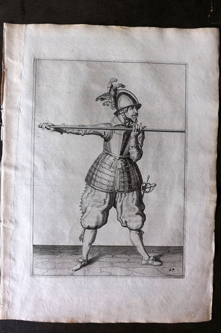 Gheyn, Jacob de 1608 Folio Military Print. Pikeman 24: Folio Copper Plate Published 1608, The Hague for "The Exercise of Arms, for Calivres, Muskettes and Pikes" by Jacob de Gheyn. Paper Size: 14 x 10 inch (36 x 25cm) Good Condition