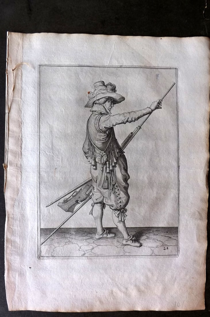 Gheyn, Jacob de 1608 Folio Military Print. Musketeer 28: Folio Copper Plate Published 1608, The Hague for "The Exercise of Arms, for Calivres, Muskettes and Pikes" by Jacob de Gheyn. Paper Size: 14 x 10 inch (36 x 25cm) Good Condition