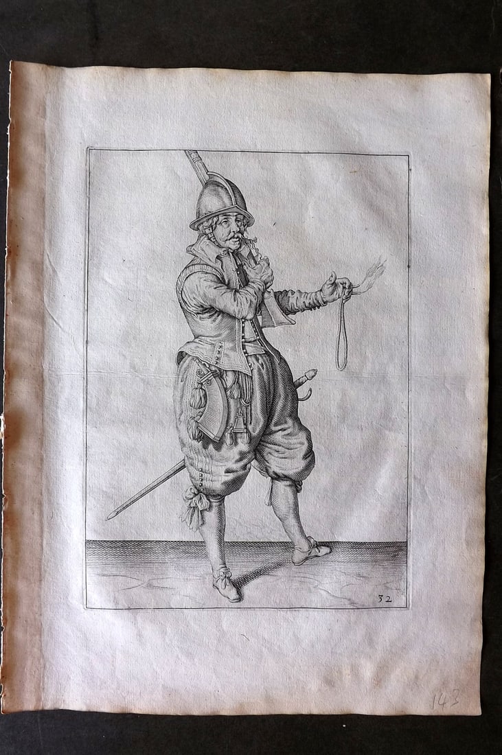 Gheyn, Jacob de 1608 Folio Military Print. Musketeer 32: Folio Copper Plate Published 1608, The Hague for "The Exercise of Arms, for Calivres, Muskettes and Pikes" by Jacob de Gheyn. Paper Size: 14 x 10 inch (36 x 25cm) Good Condition