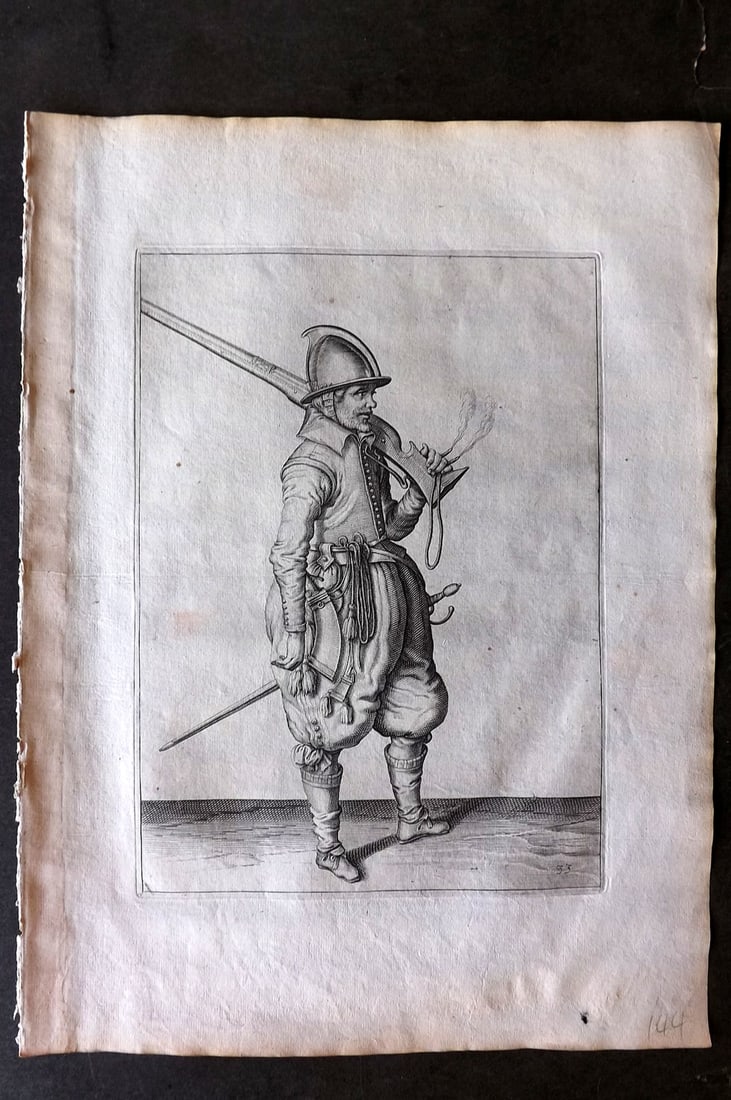 Gheyn, Jacob de 1608 Folio Military Print. Musketeer 33: Folio Copper Plate Published 1608, The Hague for "The Exercise of Arms, for Calivres, Muskettes and Pikes" by Jacob de Gheyn. Paper Size: 14 x 10 inch (36 x 25cm) Good Condition