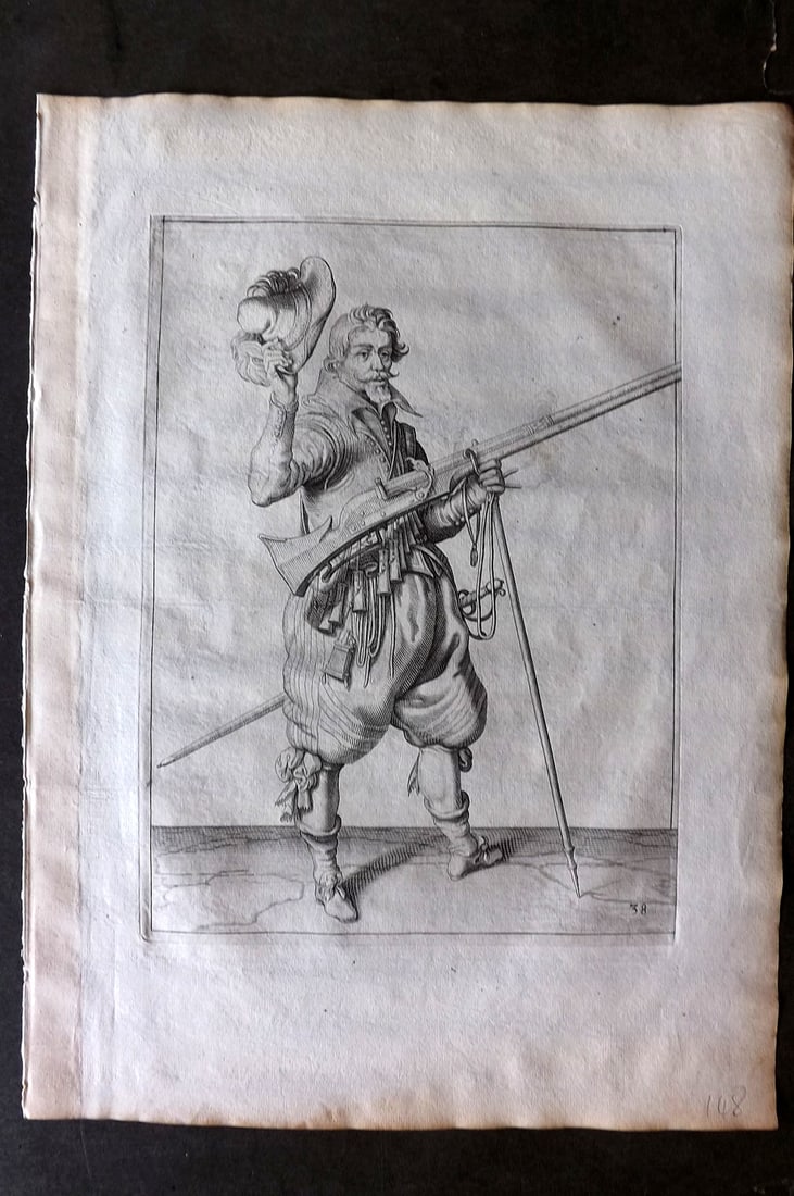 Gheyn, Jacob de 1608 Folio Military Print. Musketeer 38: Folio Copper Plate Published 1608, The Hague for "The Exercise of Arms, for Calivres, Muskettes and Pikes" by Jacob de Gheyn. Paper Size: 14 x 10 inch (36 x 25cm) Good Condition