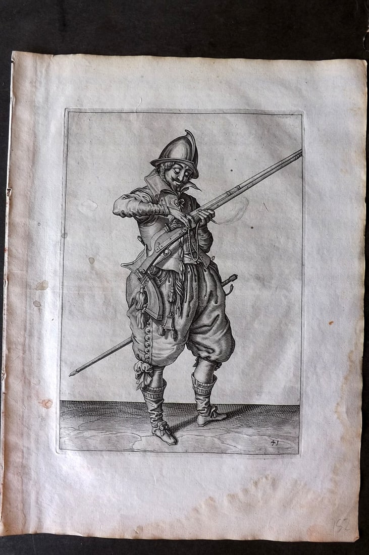 Gheyn, Jacob de 1608 Folio Military Print. Musketeer 41: Folio Copper Plate Published 1608, The Hague for "The Exercise of Arms, for Calivres, Muskettes and Pikes" by Jacob de Gheyn. Paper Size: 14 x 10 inch (36 x 25cm) Minor staining mostly in margin, othe