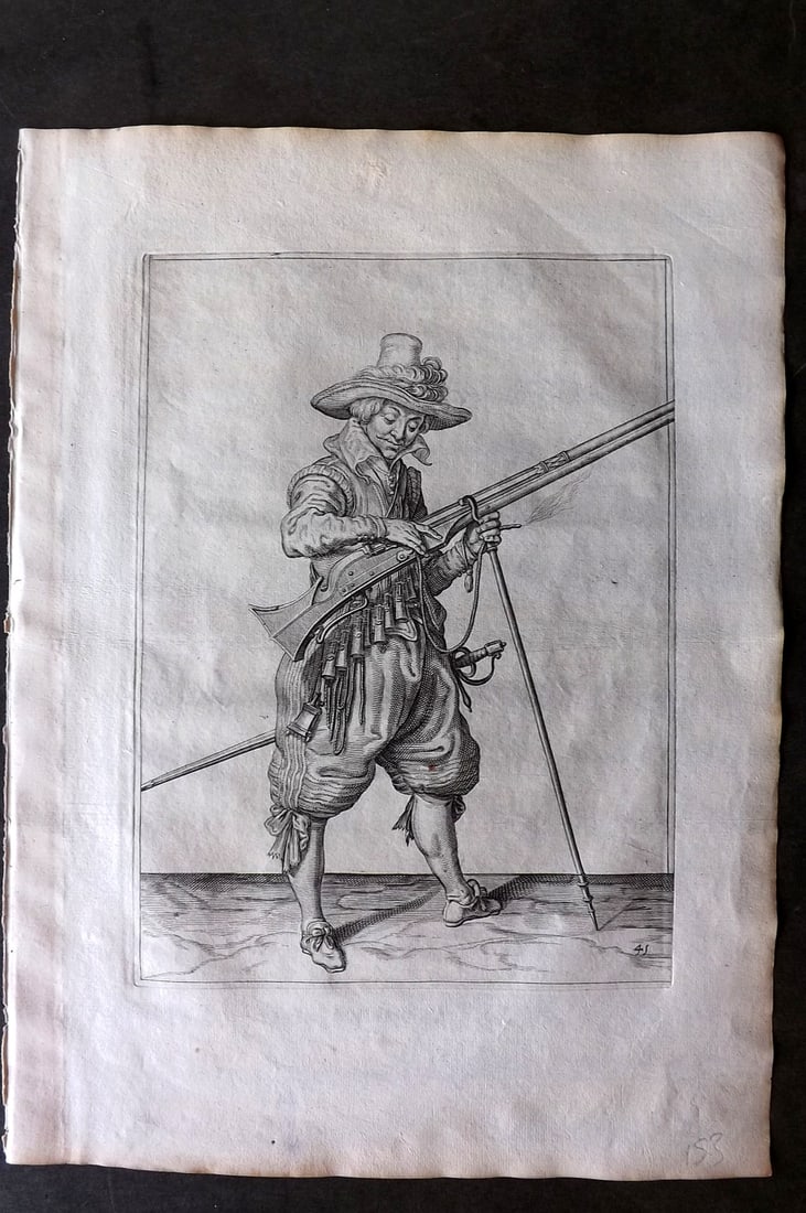 Gheyn, Jacob de 1608 Folio Military Print. Musketeer 41*: Folio Copper Plate Published 1608, The Hague for "The Exercise of Arms, for Calivres, Muskettes and Pikes" by Jacob de Gheyn. Paper Size: 14 x 10 inch (36 x 25cm) Good Condition
