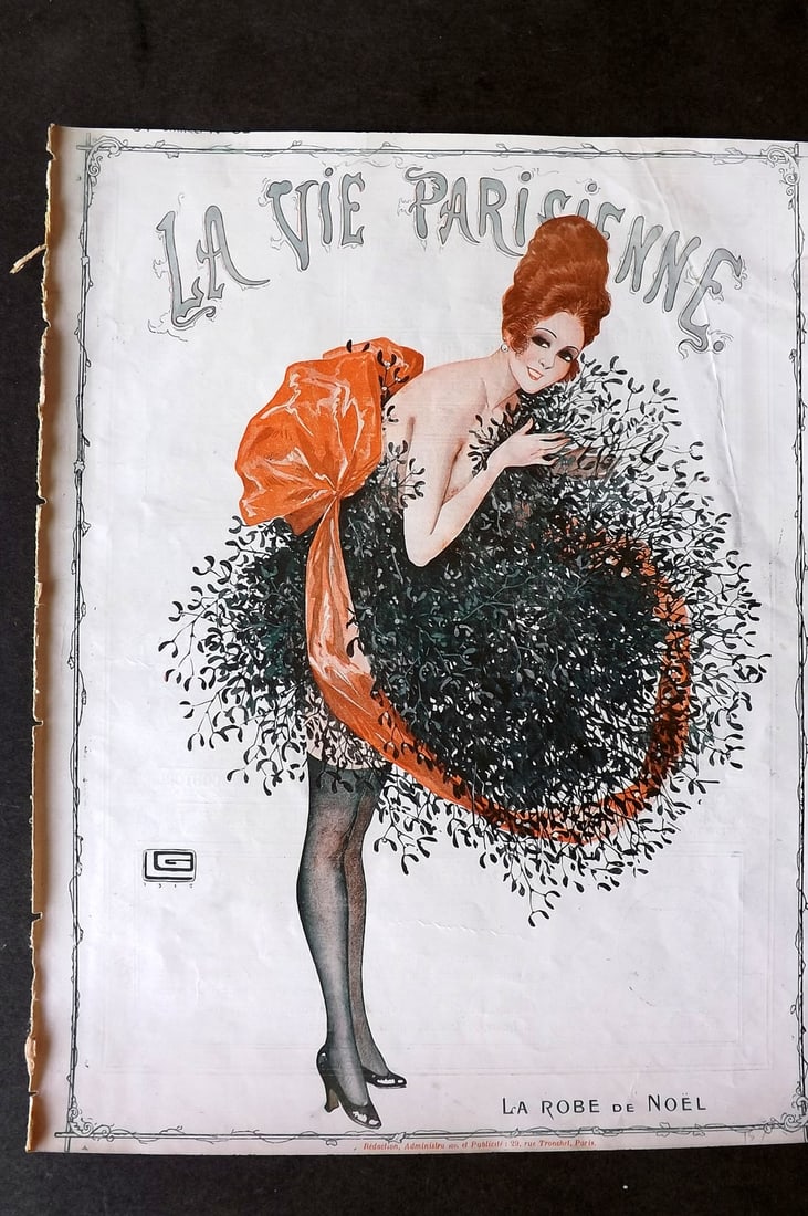 La Via Parisienne 1917 Art Deco Print. La Robe de Noel by Leonnec: Vintage Lithograph Published 1863-1970 Paris for "La Vie Parisienne" Illustrated by Georges Barbier, Cheri Herouard, Georges Leonnec and others. French Text to verso. Paper Size: 13.5 x 10 inch (34 x 