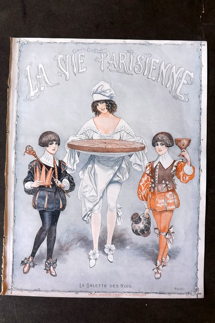 La Via Parisienne 1917 Art Deco Print. La Galette des Rois by Herouard: Vintage Lithograph Published 1863-1970 Paris for "La Vie Parisienne" Illustrated by Georges Barbier, Cheri Herouard, Georges Leonnec and others. French Text to verso. Paper Size: 13.5 x 10 inch (34 x 