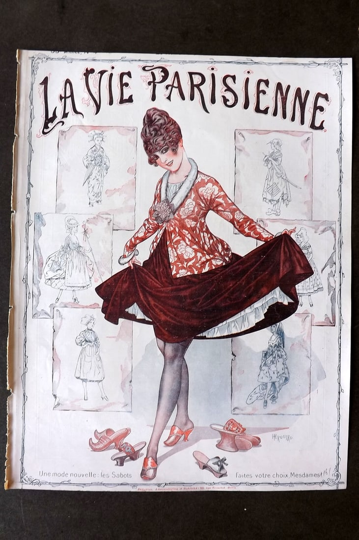 La Via Parisienne 1917 Art Deco Print. Une mode nouvelle: les Sabots by Herouard: Vintage Lithograph Published 1863-1970 Paris for "La Vie Parisienne" Illustrated by Georges Barbier, Cheri Herouard, Georges Leonnec and others. French Text to verso. Paper Size: 13.5 x 10 inch (34 x 