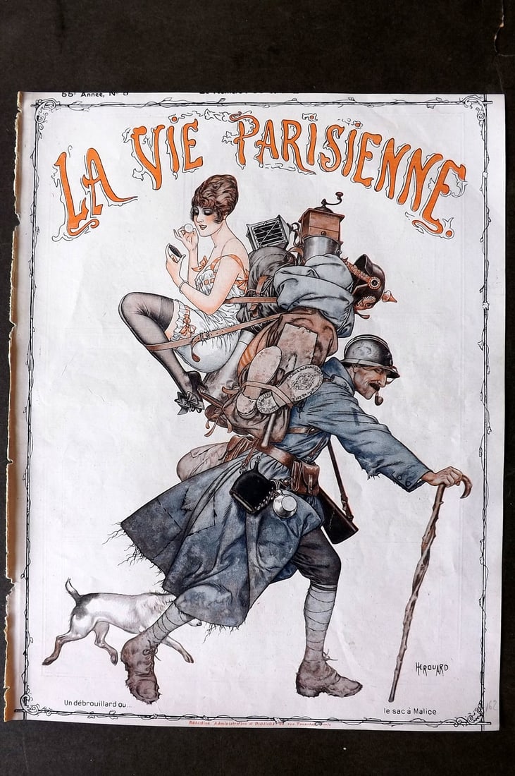 La Via Parisienne 1917 Art Deco Print. Un debrouillard ou le sac a Malice by Herouard: Vintage Lithograph Published 1863-1970 Paris for "La Vie Parisienne" Illustrated by Georges Barbier, Cheri Herouard, Georges Leonnec and others. French Text to verso. Paper Size: 13.5 x 10 inch (34 x 