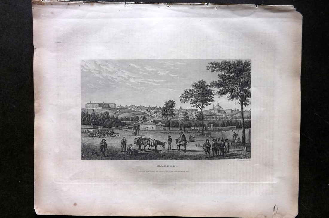 Barclay & Kelly 1843 Antique Print. Madrid, Spain: Steel Engraving Published 1843 by Thomas Kelly, London for "A New and Universal English Dictionary" by the Rev. James Barclay. Paper Size: 10.5 x 8 inch (27 x 21cm) Some margin toning/offsetting. Imag