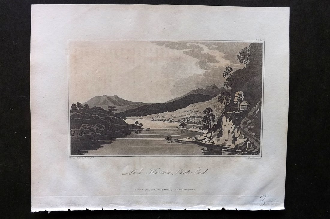 Campbell 1811 Antique Print. Loch Kaitrin, East End, Scotland: Aquatint Published 1811, London for "A Journey from Edinburgh Through Parts of North Britain" by Alexander Campbell. Paper Size: 10 x 8 inch (26 x 20cm) Very minor text offsetting. Good Condition