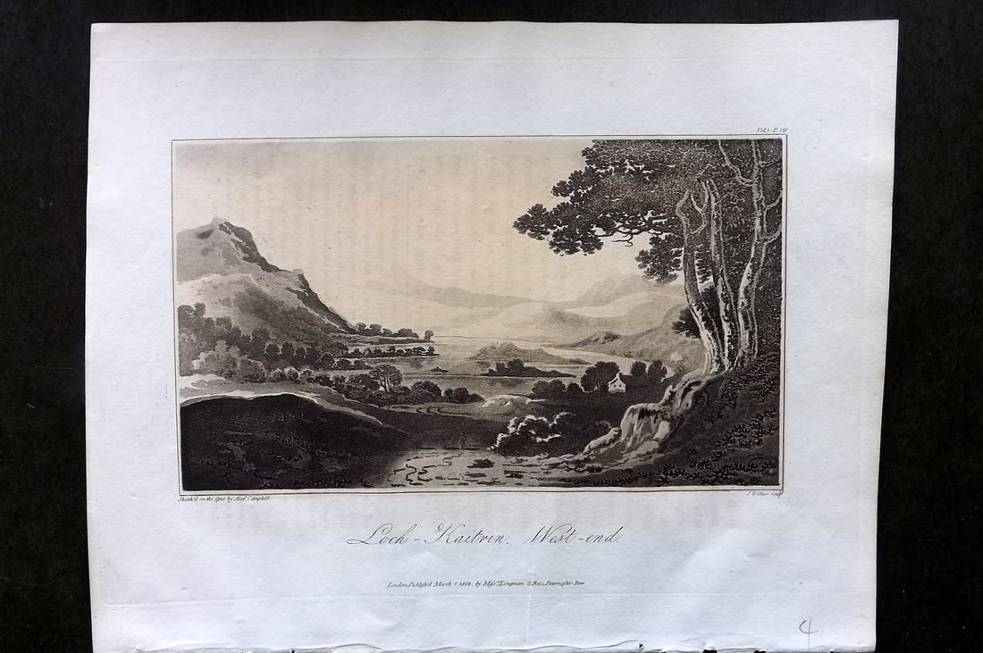 Campbell 1811 Antique Print. Loch Kaitrin, West End, Scotland: Aquatint Published 1811, London for "A Journey from Edinburgh Through Parts of North Britain" by Alexander Campbell. Paper Size: 10 x 8 inch (26 x 20cm) Very minor text offsetting. Good Condition