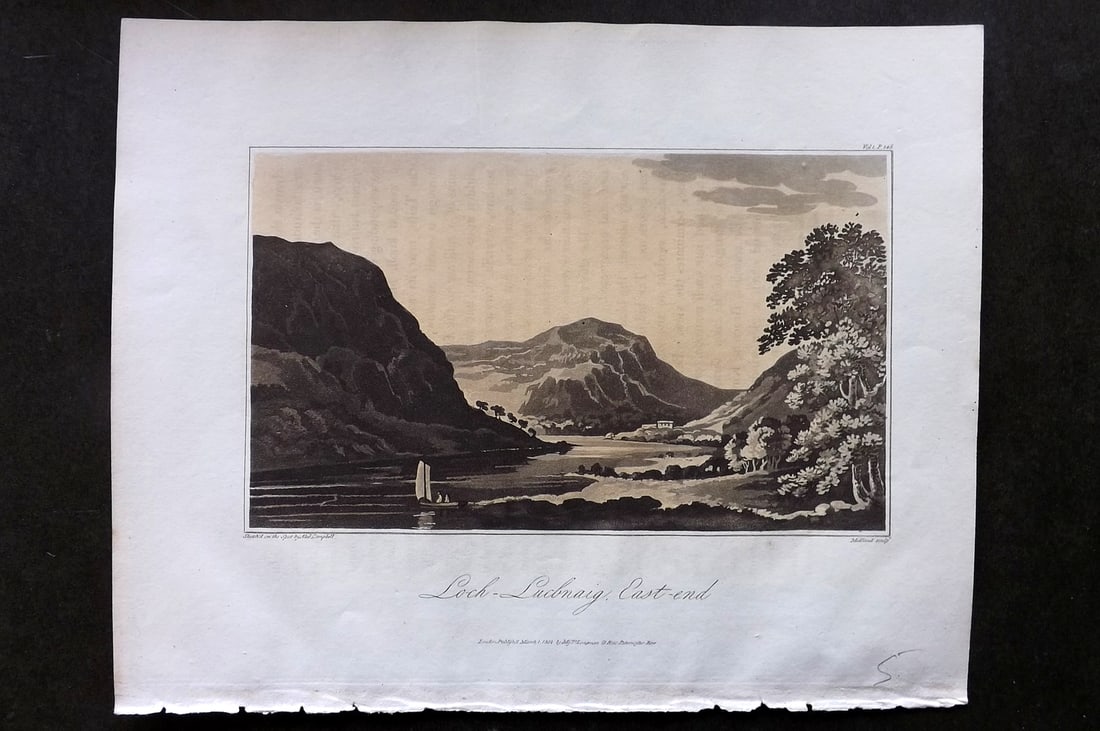 Campbell 1811 Antique Print. Loch Lubnaig, East End, Scotland: Aquatint Published 1811, London for "A Journey from Edinburgh Through Parts of North Britain" by Alexander Campbell. Paper Size: 10 x 8 inch (26 x 20cm) Very minor text offsetting. Good Condition