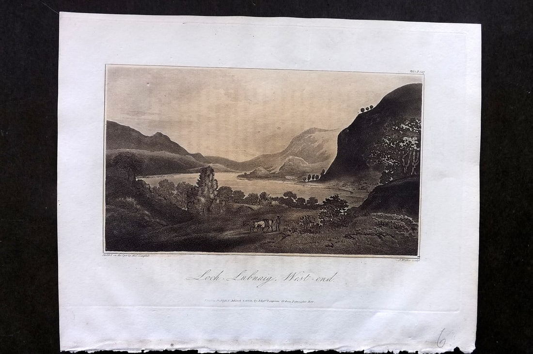 Campbell 1811 Antique Print. Loch Lubnaig, West End, Scotland: Aquatint Published 1811, London for "A Journey from Edinburgh Through Parts of North Britain" by Alexander Campbell. Paper Size: 10 x 8 inch (26 x 20cm) Very minor text offsetting. Good Condition