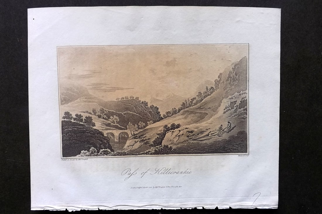 Campbell 1811 Antique Print. Pass of Killicrankie, Scotland: Aquatint Published 1811, London for "A Journey from Edinburgh Through Parts of North Britain" by Alexander Campbell. Paper Size: 10 x 8 inch (26 x 20cm) Very minor text offsetting. Good Condition