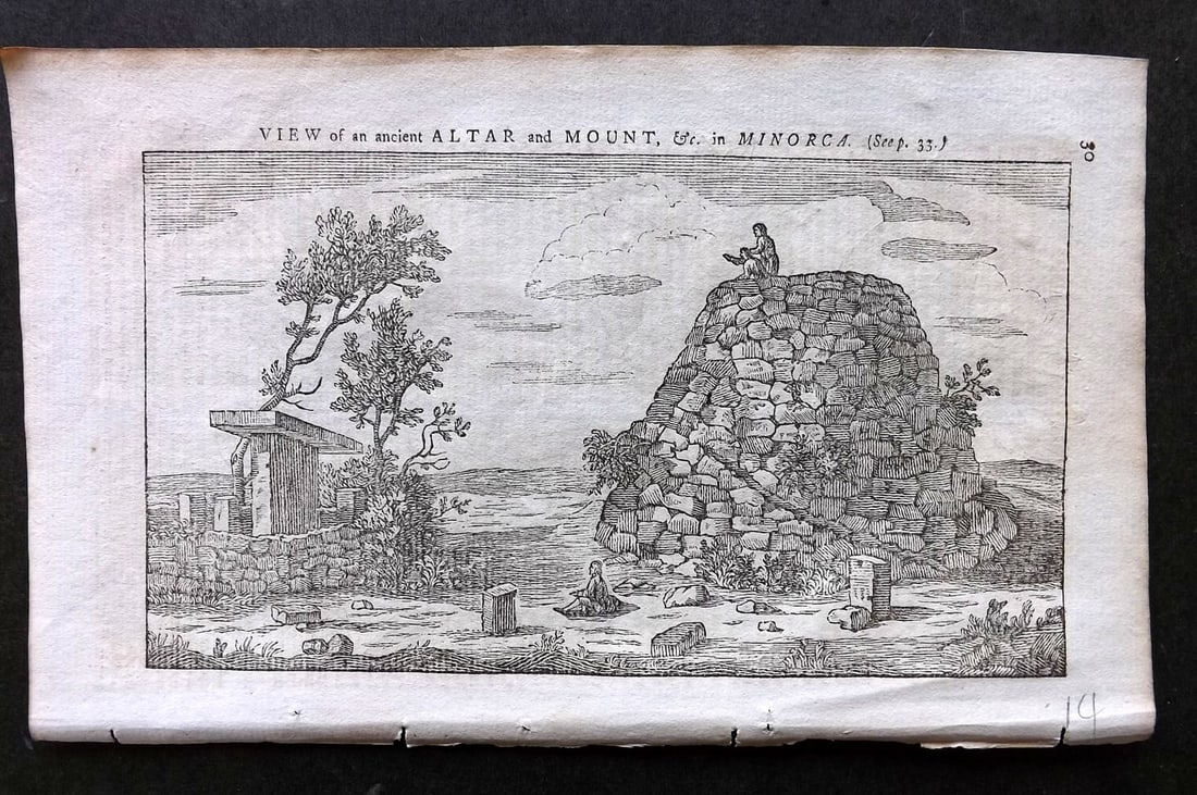 Gentleman's Mag. 1753 Print. Ancient Altar and Mount, Minorca Spain Balearic Islands: Woodcut (With Botanical Image on reverse) Published London 1731-1833, London for "The Gentleman's Magazine..." by Various Contributors. Paper Size: 8.5 x 5 inch (22 x 13cm) Slight show through from re