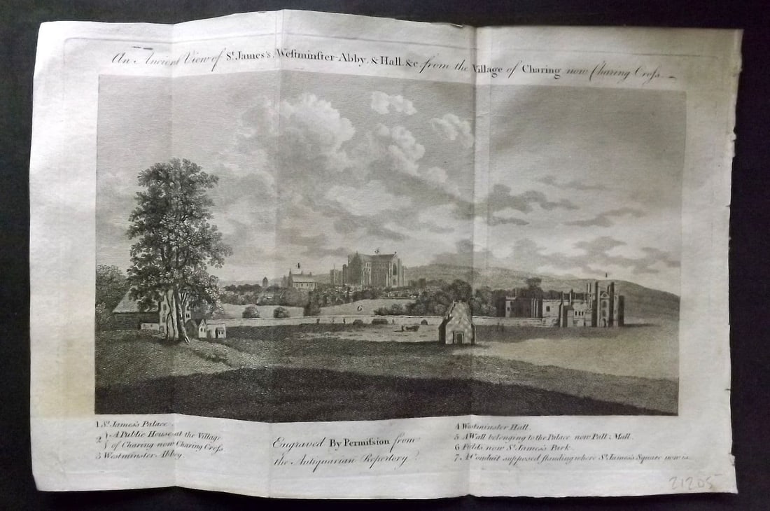Hughson, David 1805 Print. St. James's, Westminster Abbey & Hall, Charing, London: Antique Copper Plate Published 1805-09, London for "London; Being and Accurate History and Description of the British Metropolis. " by David Hughson. Folds as issued. Paper Size: 12 x 8 inch (30 x 20c