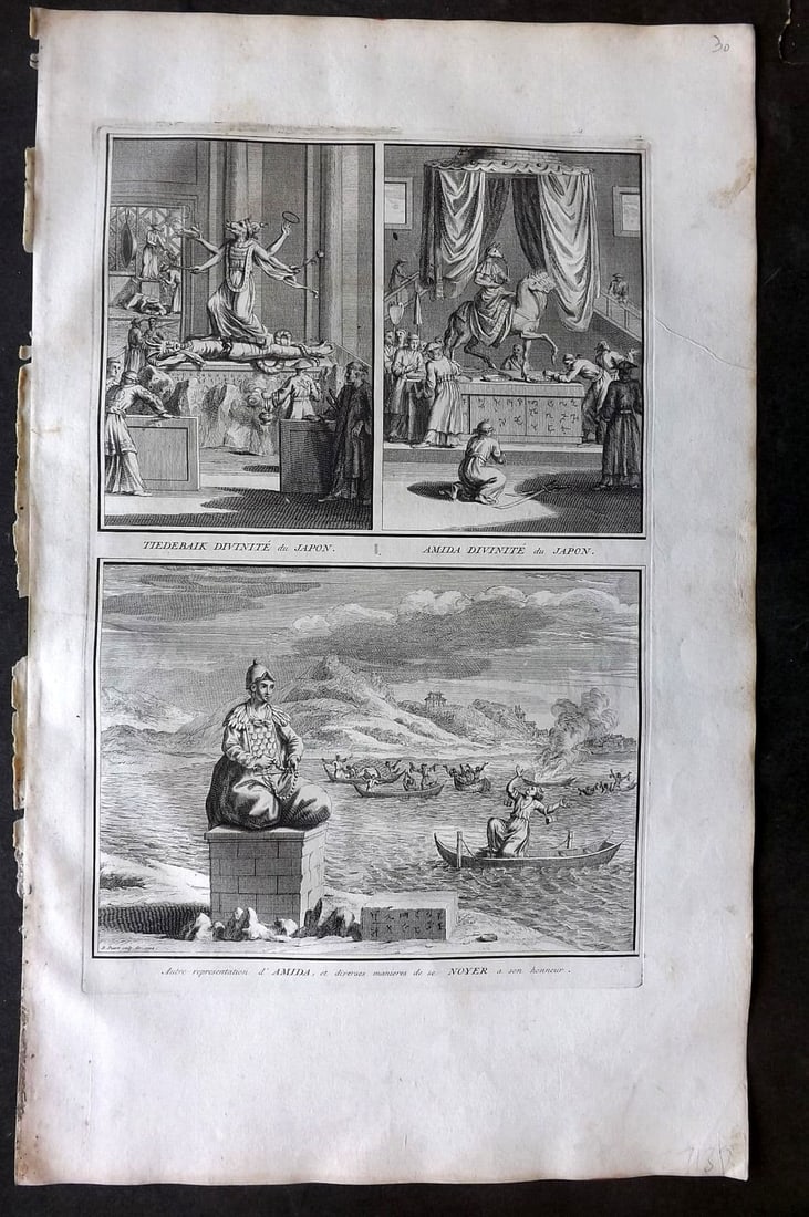 Picart, Bernard 1728 Folio Antique Print. Japan Idols. Noyer: Antique Folio Copper Plate Published 1723-43 [1728] Amsterdam for "Ceremonies et coutumes religieuses de peuples idolatres" by Bernard Picart. Paper Size: 18 x 11 inch (46 x 28cm). Good Condition.