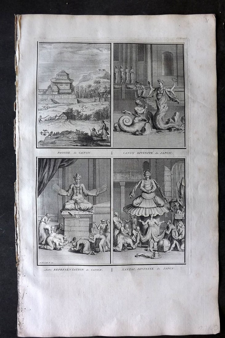 Picart, Bernard 1728 Folio Antique Print. Japan Idols & Pagoda: Antique Folio Copper Plate Published 1723-43 [1728] Amsterdam for "Ceremonies et coutumes religieuses de peuples idolatres" by Bernard Picart. Paper Size: 18 x 11 inch (46 x 28cm). Good Condition.