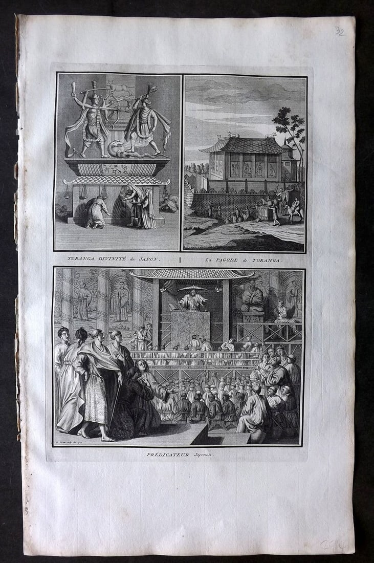 Picart, Bernard 1728 Folio Antique Print. Japan Idols and Preacher: Antique Folio Copper Plate Published 1723-43 [1728] Amsterdam for "Ceremonies et coutumes religieuses de peuples idolatres" by Bernard Picart. Paper Size: 18 x 11 inch (46 x 28cm). Good Condition.