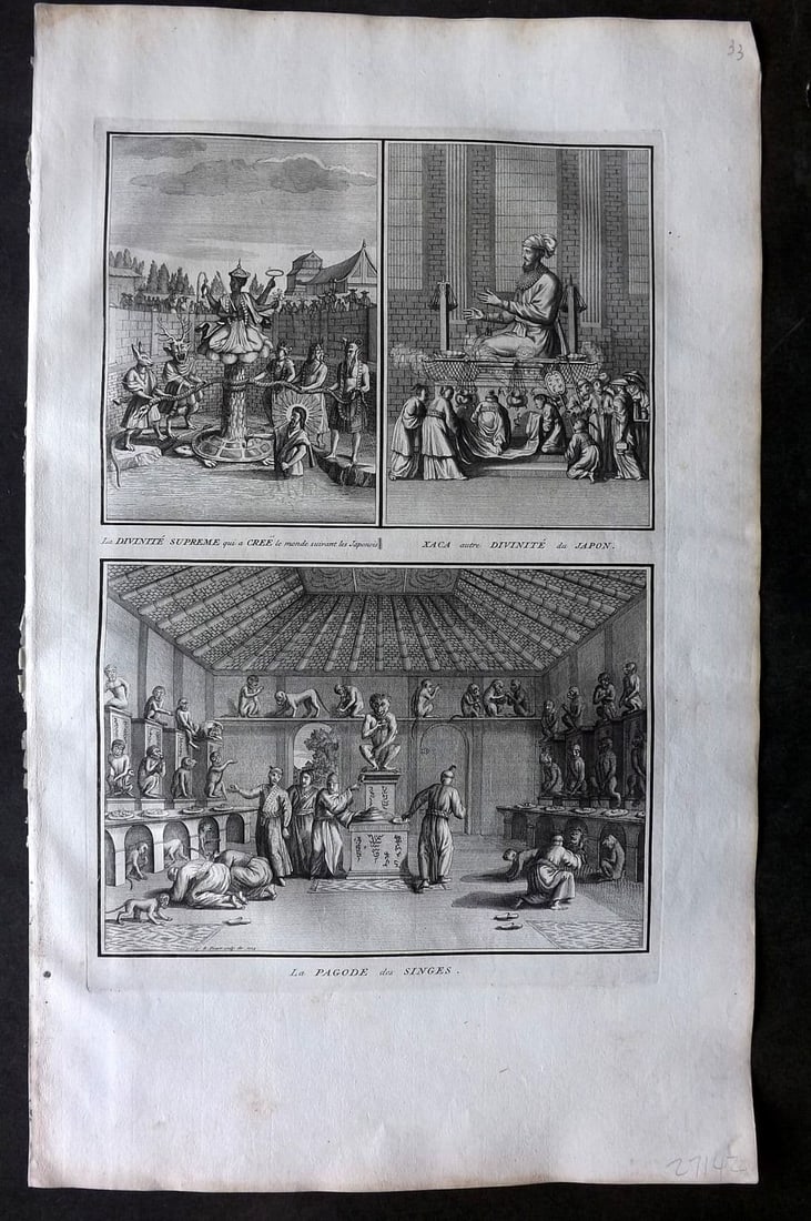 Picart, Bernard 1728 Folio Antique Print. Cree, Xaca Japan Idols and Monkey Pagoda: Antique Folio Copper Plate Published 1723-43 [1728] Amsterdam for "Ceremonies et coutumes religieuses de peuples idolatres" by Bernard Picart. Paper Size: 18 x 11 inch (46 x 28cm). Good Condition.