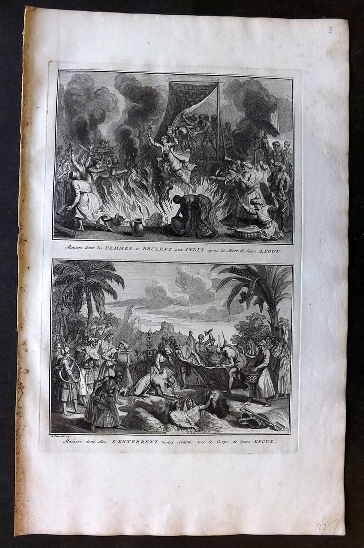 Picart, Bernard 1728 Folio Antique Print. Funeral Pyre, India: Antique Folio Copper Plate Published 1723-43 [1728] Amsterdam for "Ceremonies et coutumes religieuses de peuples idolatres" by Bernard Picart. Paper Size: 18 x 11 inch (46 x 28cm). Good Condition.