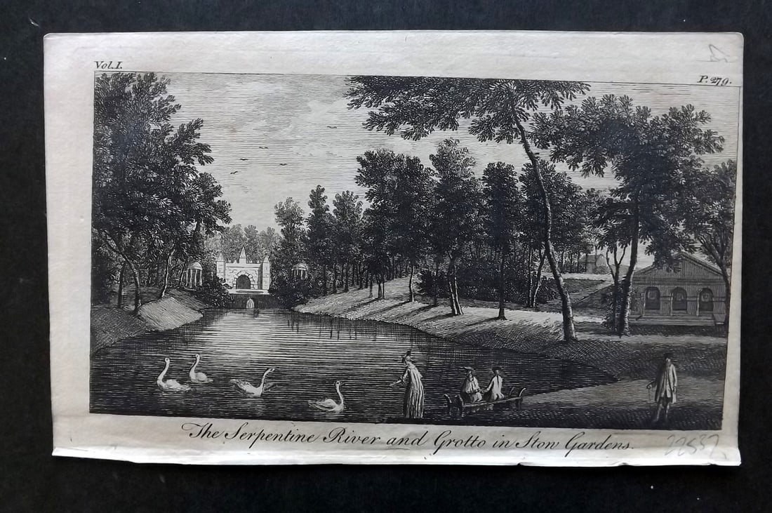 UK 1777 Antique Print. Serpentine River and Grotto in Stow Gardens: Antique Copper Published 1776-77, London for "A New Display of the Beauties of England" Paper Size: 8 x 5 inch (21 x 13cm) Good Condition