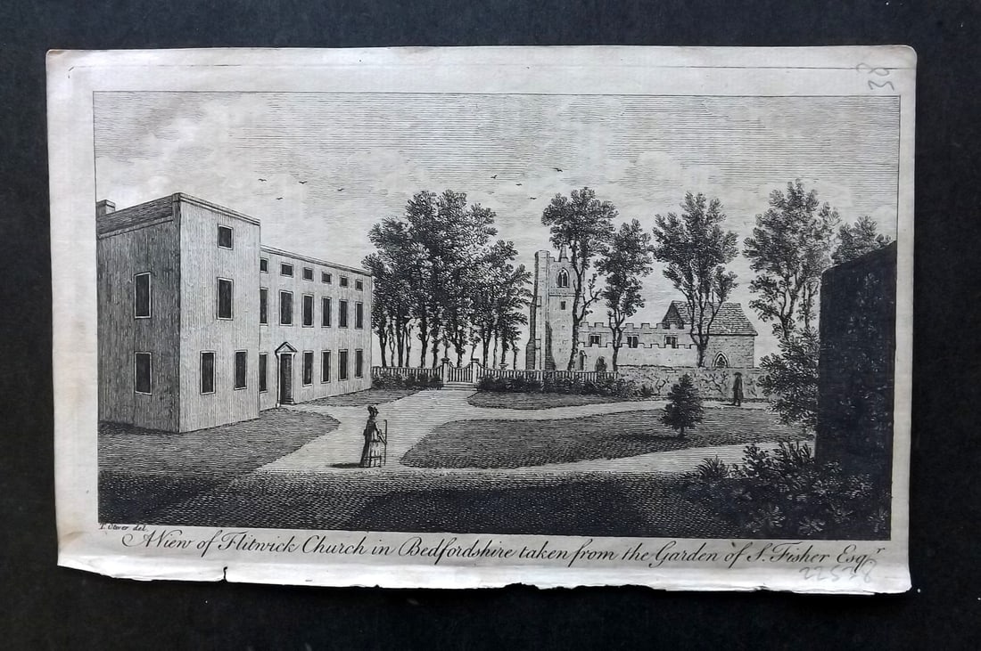 UK 1777 Antique Print. Flitwick Church in Bedfordshire: Antique Copper Published 1776-77, London for "A New Display of the Beauties of England" Paper Size: 8 x 5 inch (21 x 13cm) Good Condition