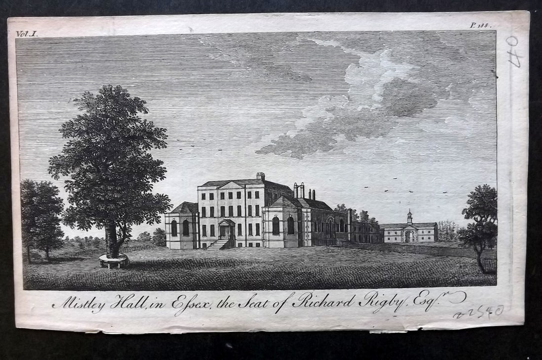UK 1777 Antique Print. Mistley Hall, Essex, Seat of Richard Rigby: Antique Copper Published 1776-77, London for "A New Display of the Beauties of England" Paper Size: 8 x 5 inch (21 x 13cm) Good Condition