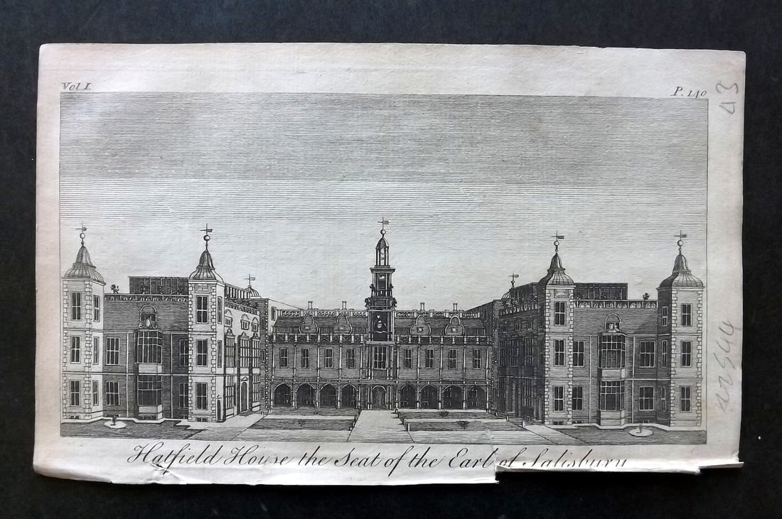 UK 1777 Antique Print. Hatfield House, Seat of the Earl of Salisbury: Antique Copper Published 1776-77, London for "A New Display of the Beauties of England" Paper Size: 8 x 5 inch (21 x 13cm) Small tear at bottom, otherwise Good Condition