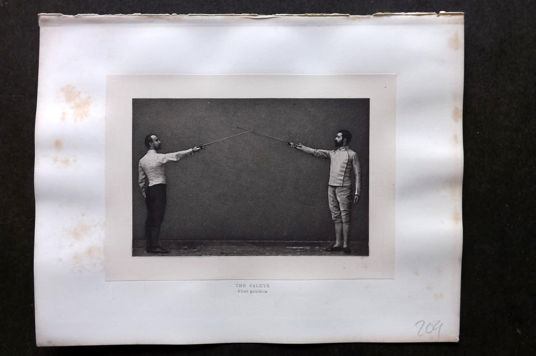 Badminton Library 1889 Sword Fencing Print. Salute - First Position: Photogravure Published 1889, London for "The Badminton Library of Sports and Pastimes..." by Walter H. Pollock, E. B. Michell, and Walter Armstrong. Rare Large Paper Edition on Chine-Colle Wove - One 