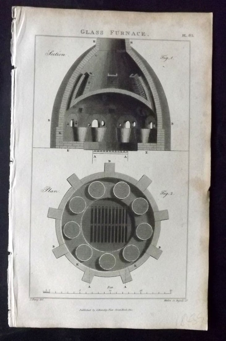 Good, John 1813 Antique Print. Glass Furnace 82 Glass Blowing: Antique Copper Plate Published 1806-13, London for "Pantologia: A New Cyclopaedia, Comprehending a Complete Series of Essays" by John Mason Good et al. Paper Size: 9.5 x 6 inch (24 x 15cm). Minor toni
