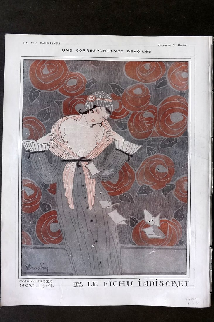 La Vie Parisienne 1917 Art Deco Print. Une Correspondance Devoilee by Martin: Lithographs Published 1917, Paris for "La Vie Parisienne" Illustrated by Lissac, Barbier, Vallet, Valee, Prejelan, Herouard, Fournier, Kuhn-Regnier, Georges Léonnec and others. Verso text, but none s