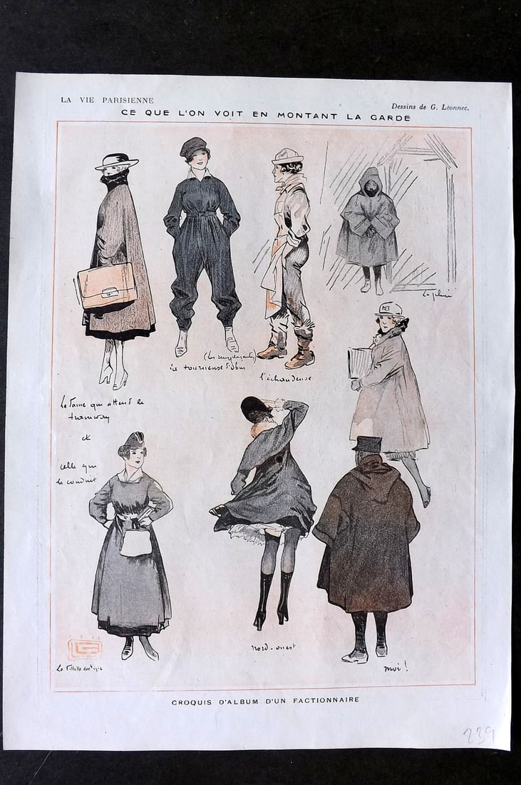 La Vie Parisienne 1917 Art Deco. Ce Que l'On Voit en Montant la Garde by Leonnec: Lithographs Published 1917, Paris for "La Vie Parisienne" Illustrated by Lissac, Barbier, Vallet, Valee, Prejelan, Herouard, Fournier, Kuhn-Regnier, Georges Léonnec and others. Verso text, but none s