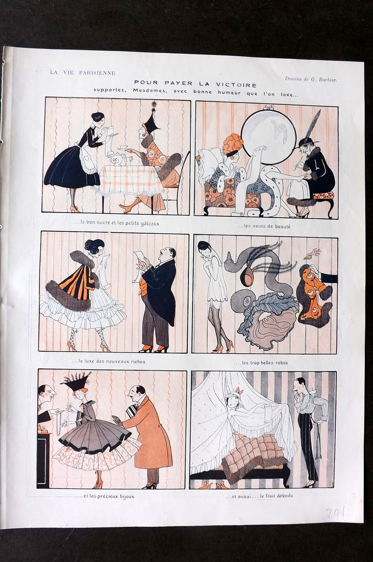 La Vie Parisienne 1917 Art Deco Print. Pour Payer la Victoire by Barbier: Lithographs Published 1917, Paris for "La Vie Parisienne" Illustrated by Lissac, Barbier, Vallet, Valee, Prejelan, Herouard, Fournier, Kuhn-Regnier, Georges Léonnec and others. Verso text, but none s